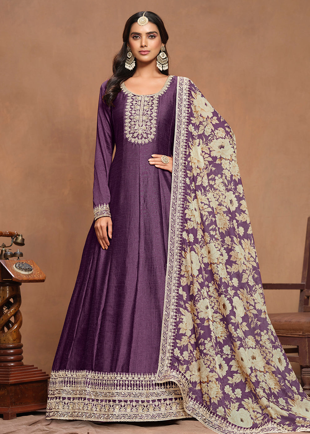 Buy Now Art Silk Purple Embroidered Wedding Anarkali Gown Online in USA, UK, Australia, Italy, Germany, Canada & Worldwide at Empress Clothing. 