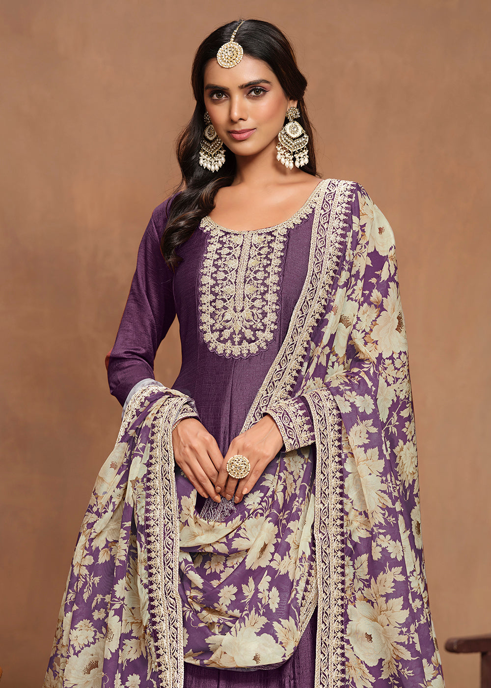 Buy Now Art Silk Purple Embroidered Wedding Anarkali Gown Online in USA, UK, Australia, Italy, Germany, Canada & Worldwide at Empress Clothing. 