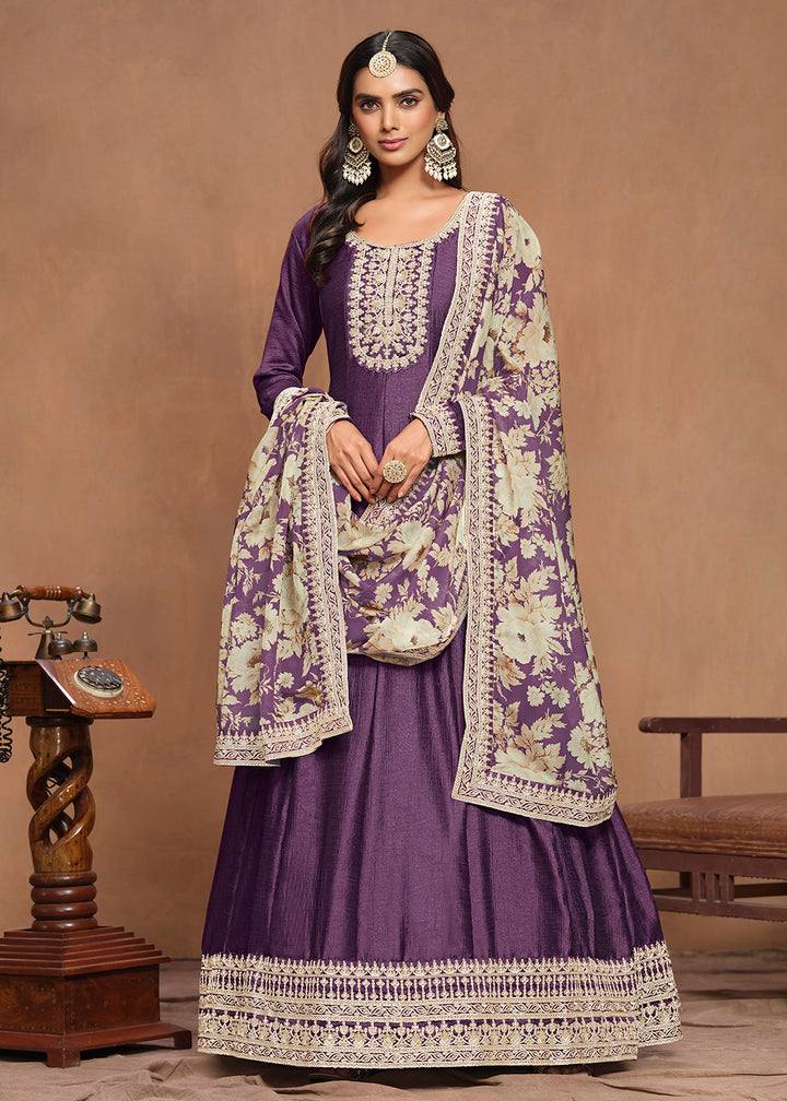 Buy Now Art Silk Purple Embroidered Wedding Anarkali Gown Online in USA, UK, Australia, Italy, Germany, Canada & Worldwide at Empress Clothing. 