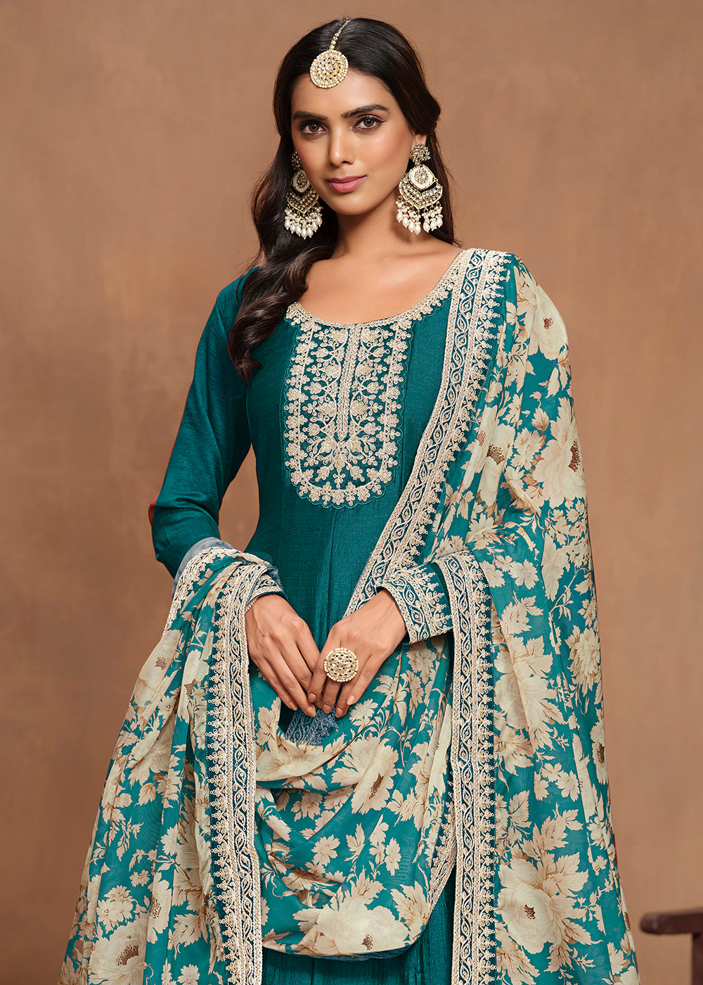 Buy Now Art Silk Teal Embroidered Wedding Anarkali Gown Online in USA, UK, Australia, Italy, Germany, Canada & Worldwide at Empress Clothing.