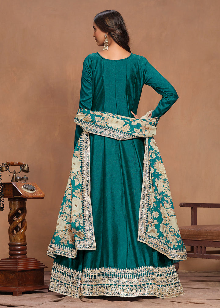 Buy Now Art Silk Teal Embroidered Wedding Anarkali Gown Online in USA, UK, Australia, Italy, Germany, Canada & Worldwide at Empress Clothing.