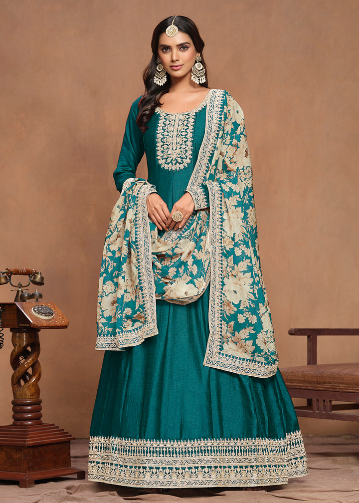 Buy Now Art Silk Teal Embroidered Wedding Anarkali Gown Online in USA, UK, Australia, Italy, Germany, Canada & Worldwide at Empress Clothing.