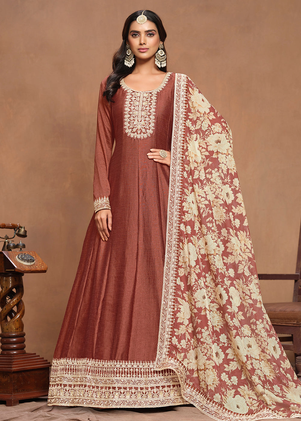 Buy Now Art Silk Rusty Embroidered Wedding Anarkali Gown Online in USA, UK, Australia, Italy, Germany, Canada & Worldwide at Empress Clothing. 