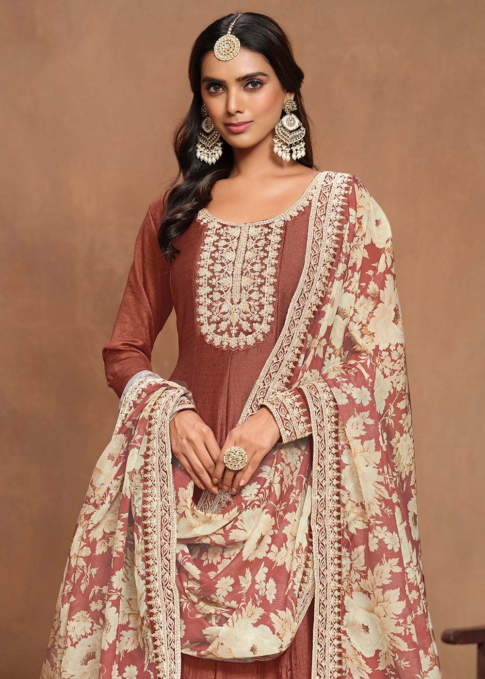 Buy Now Art Silk Rusty Embroidered Wedding Anarkali Gown Online in USA, UK, Australia, Italy, Germany, Canada & Worldwide at Empress Clothing. 