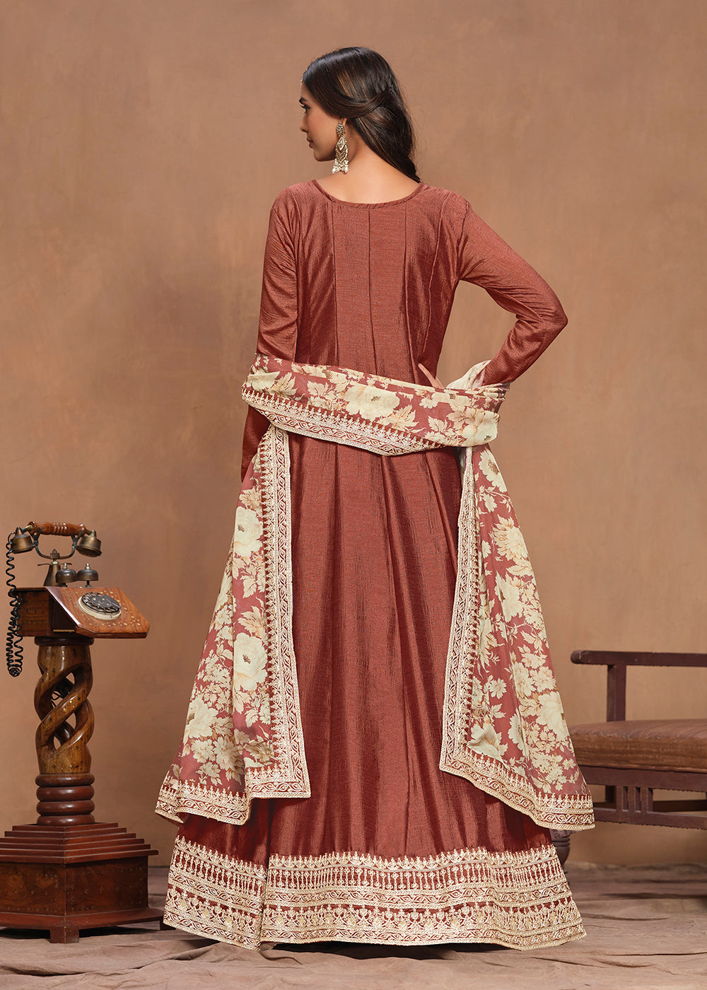 Buy Now Art Silk Rusty Embroidered Wedding Anarkali Gown Online in USA, UK, Australia, Italy, Germany, Canada & Worldwide at Empress Clothing. 