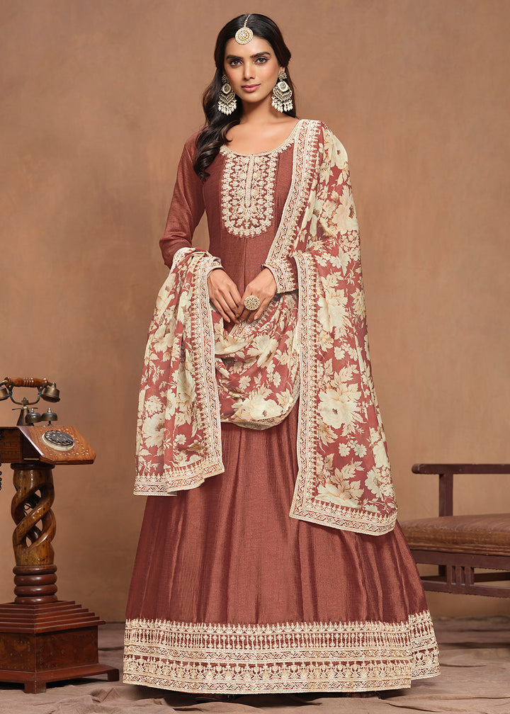 Buy Now Art Silk Rusty Embroidered Wedding Anarkali Gown Online in USA, UK, Australia, Italy, Germany, Canada & Worldwide at Empress Clothing. 