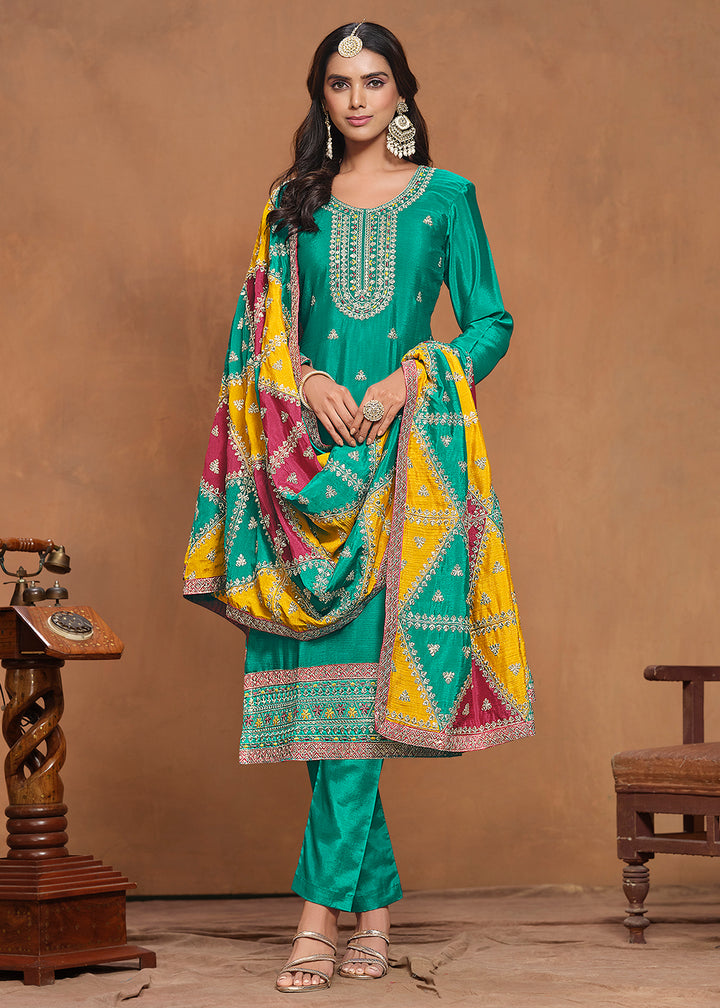 Buy Now Chinnon Silk Turquoise Salwar Suit with Triangular Patch Dupatta Online in USA, UK, Canada, Germany & Worldwide at Empress Clothing. 