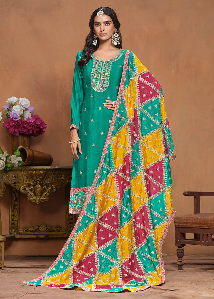 Buy Now Chinnon Silk Turquoise Salwar Suit with Triangular Patch Dupatta Online in USA, UK, Canada, Germany & Worldwide at Empress Clothing. 