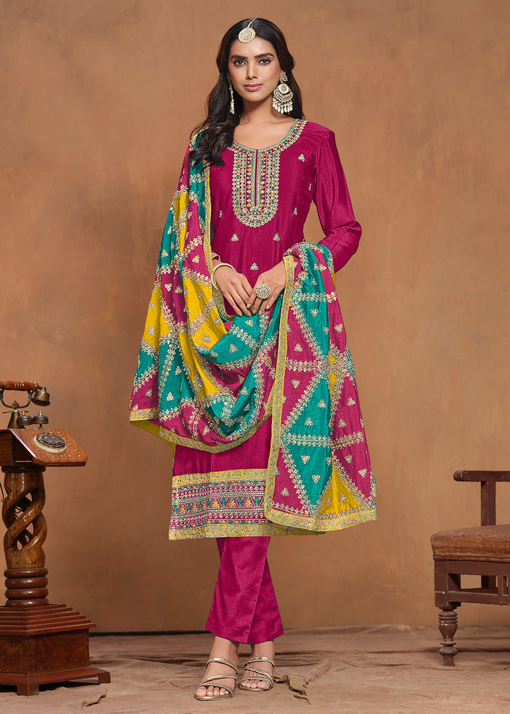 Buy Now Chinnon Silk Pink Salwar Suit with Triangular Patch Dupatta Online in USA, UK, Canada, Germany & Worldwide at Empress Clothing.