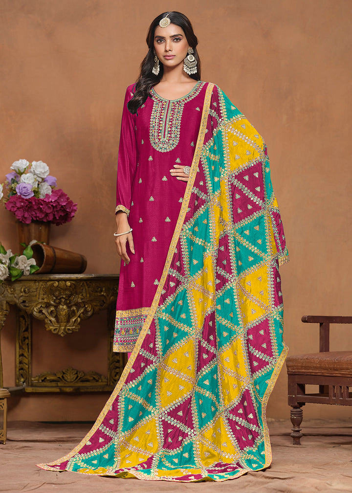 Buy Now Chinnon Silk Pink Salwar Suit with Triangular Patch Dupatta Online in USA, UK, Canada, Germany & Worldwide at Empress Clothing.