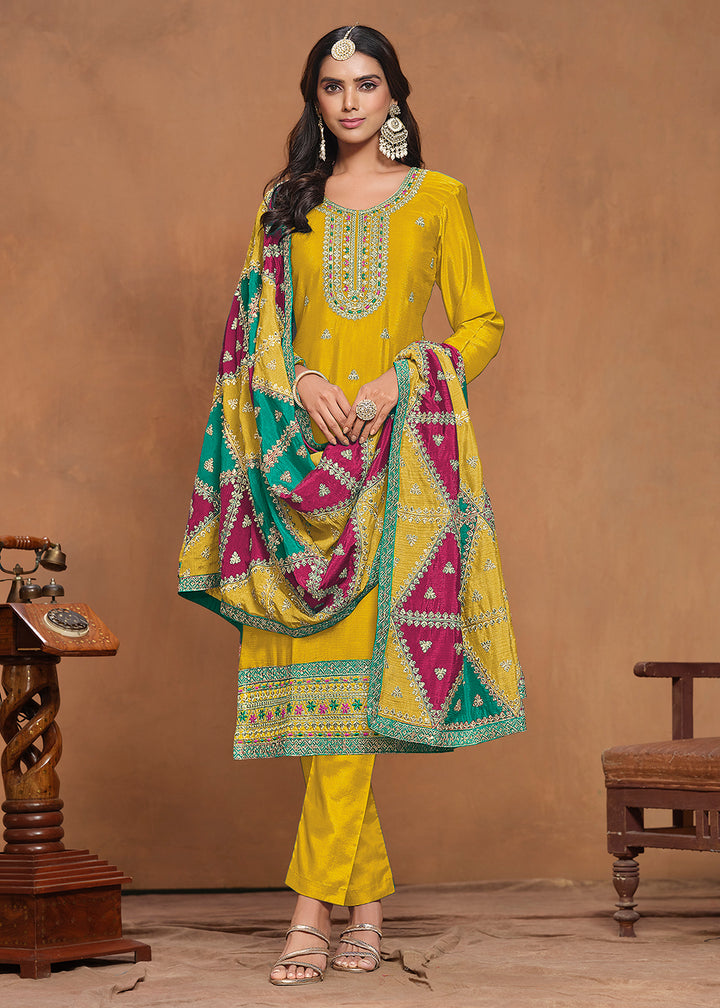 Buy Now Chinnon Silk Yellow Salwar Suit with Triangular Patch Dupatta Online in USA, UK, Canada, Germany & Worldwide at Empress Clothing.