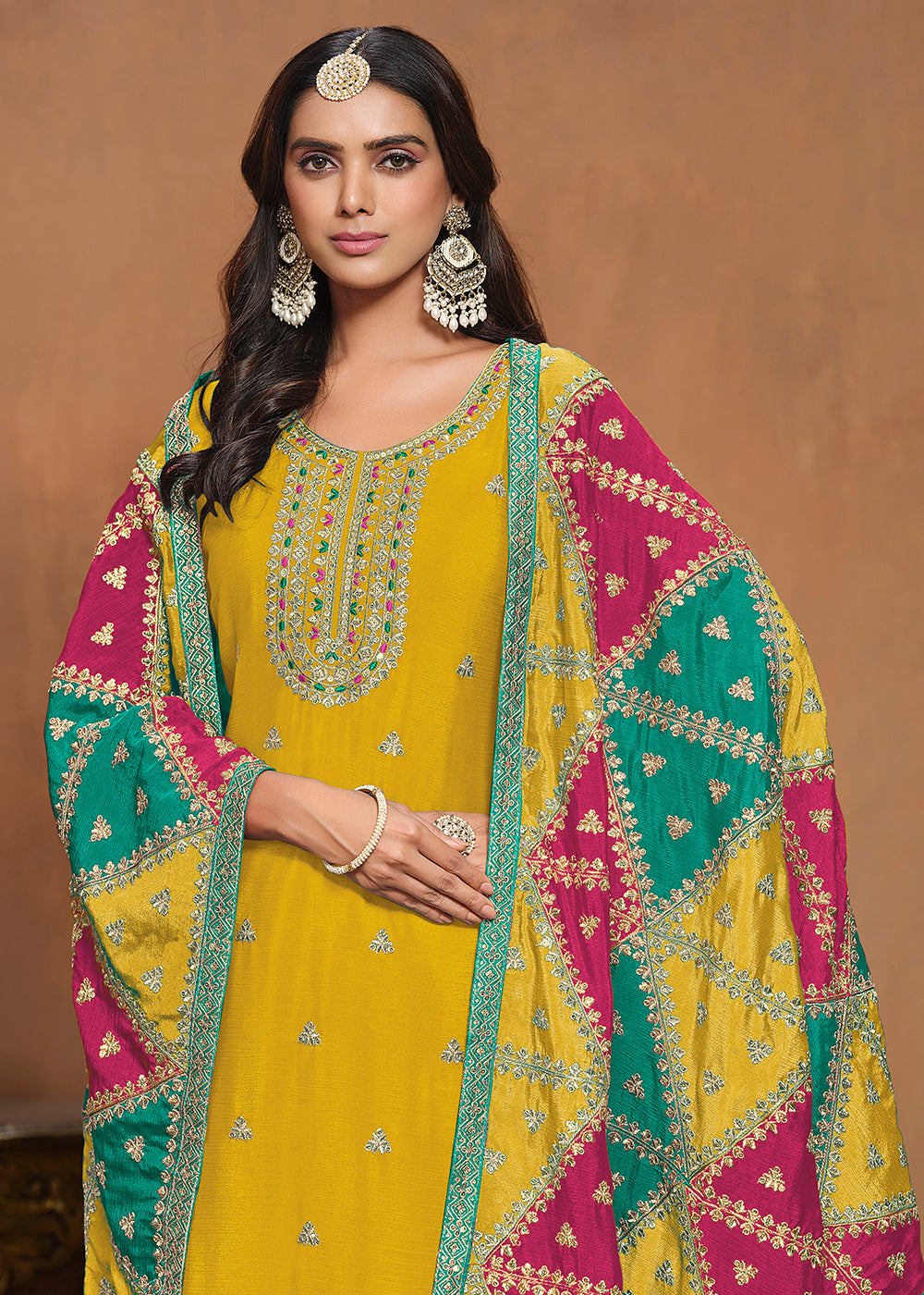 Buy Now Chinnon Silk Yellow Salwar Suit with Triangular Patch Dupatta Online in USA, UK, Canada, Germany & Worldwide at Empress Clothing.