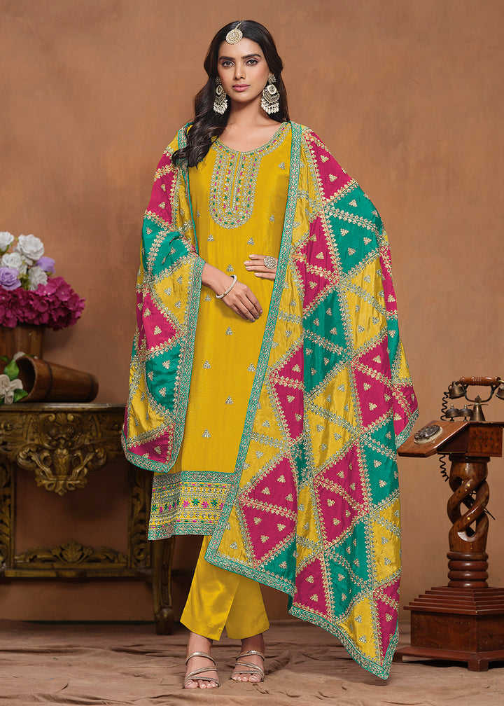 Buy Now Chinnon Silk Yellow Salwar Suit with Triangular Patch Dupatta Online in USA, UK, Canada, Germany & Worldwide at Empress Clothing.