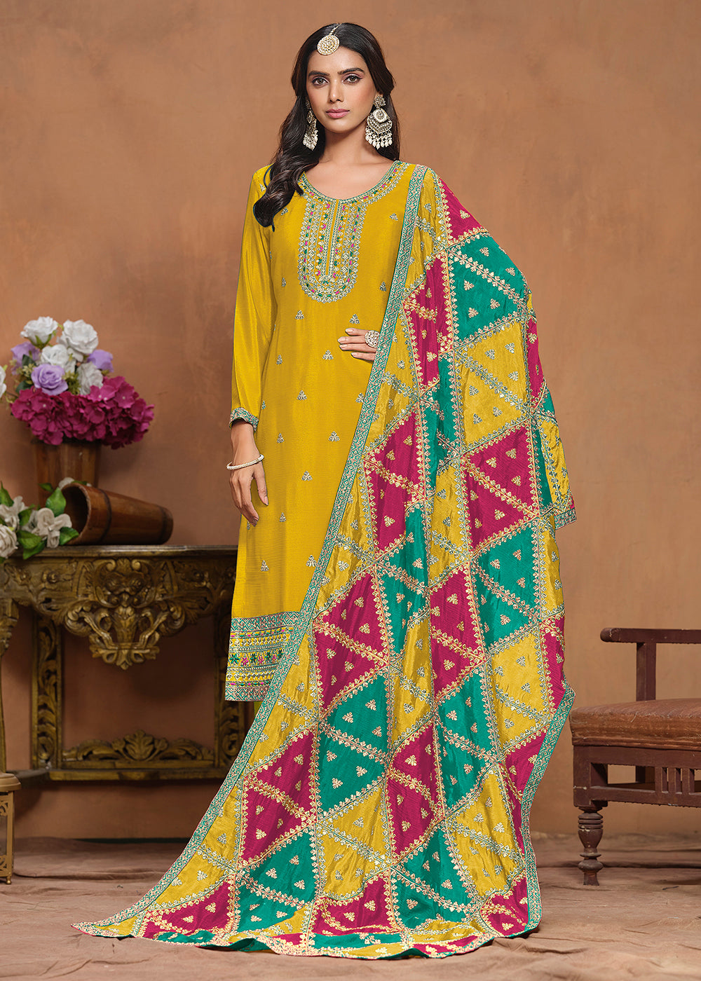 Buy Now Chinnon Silk Yellow Salwar Suit with Triangular Patch Dupatta Online in USA, UK, Canada, Germany & Worldwide at Empress Clothing.