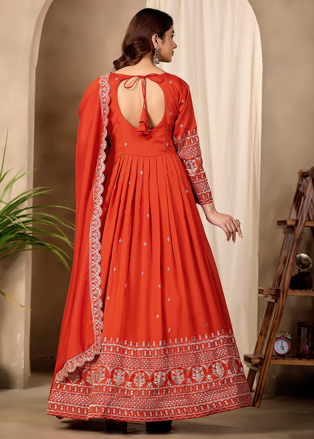 Buy Now Art Silk Orange Pretty Embroidered Work Festive Anarkali Gown Online in US, UK, Canada, France, Italy, Sweden, Ireland, Denmark &amp; Worldwide at Empress.