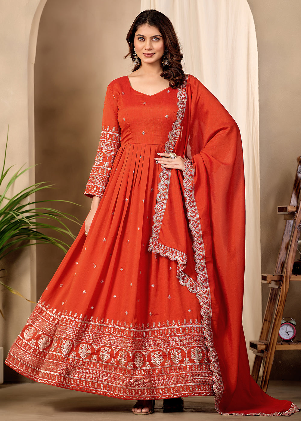 Buy Now Art Silk Orange Pretty Embroidered Work Festive Anarkali Gown Online in US, UK, Canada, France, Italy, Sweden, Ireland, Denmark &amp; Worldwide at Empress.