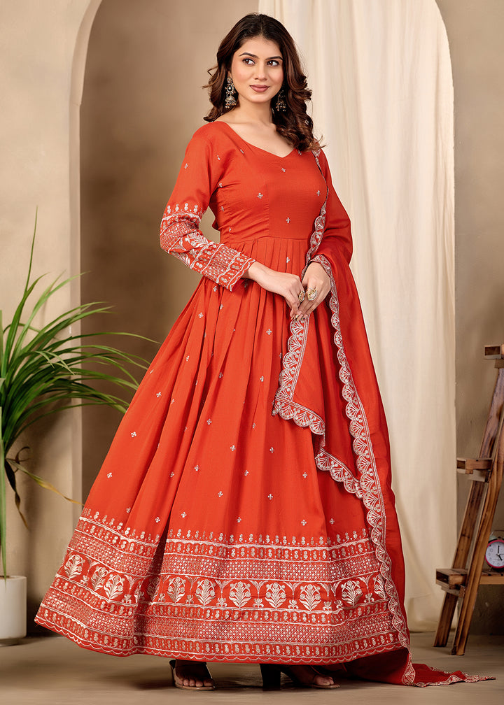 Buy Now Art Silk Orange Pretty Embroidered Work Festive Anarkali Gown Online in US, UK, Canada, France, Italy, Sweden, Ireland, Denmark &amp; Worldwide at Empress.