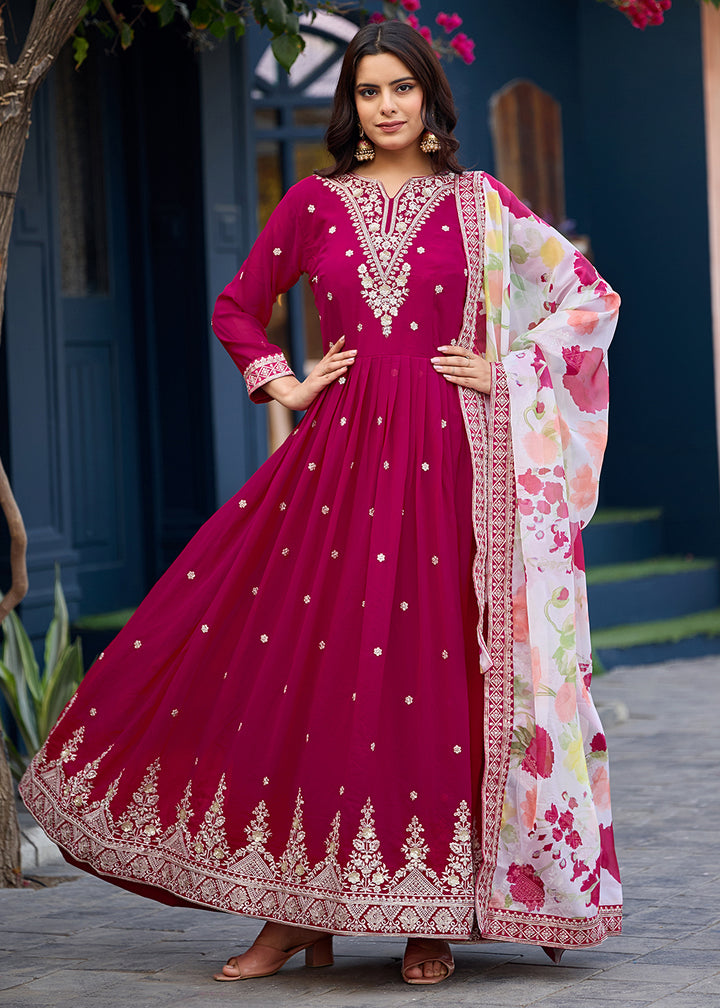 Buy Now Function Style Pink Faux Georgette Embroidered Anarkali Gown Online in US, UK, Canada, France, Italy, Sweden, Ireland, Denmark & Worldwide at Empress.