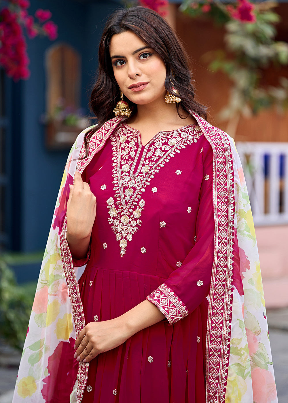 Buy Now Function Style Pink Faux Georgette Embroidered Anarkali Gown Online in US, UK, Canada, France, Italy, Sweden, Ireland, Denmark & Worldwide at Empress.