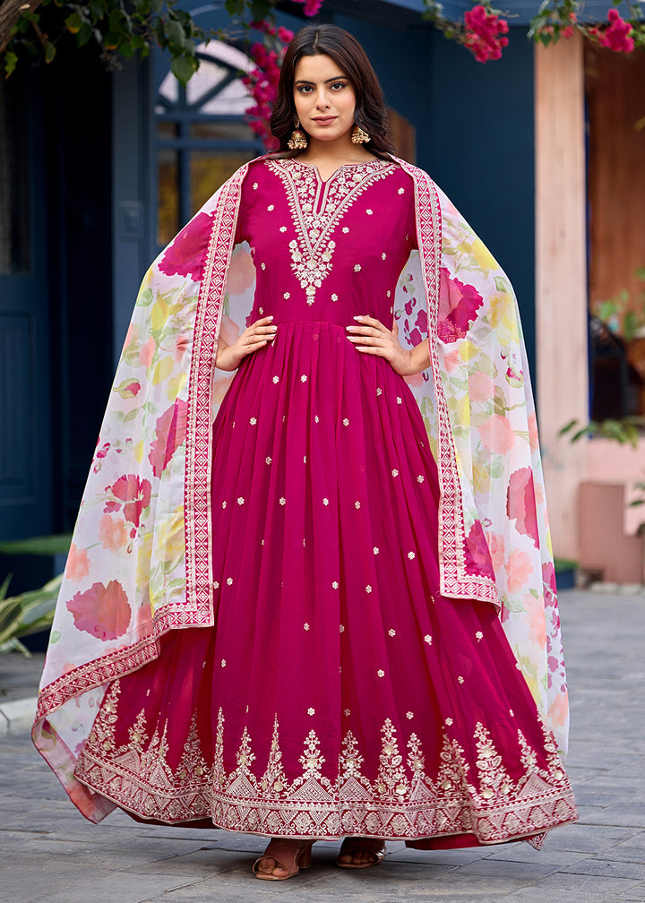 Buy Now Function Style Pink Faux Georgette Embroidered Anarkali Gown Online in US, UK, Canada, France, Italy, Sweden, Ireland, Denmark & Worldwide at Empress.