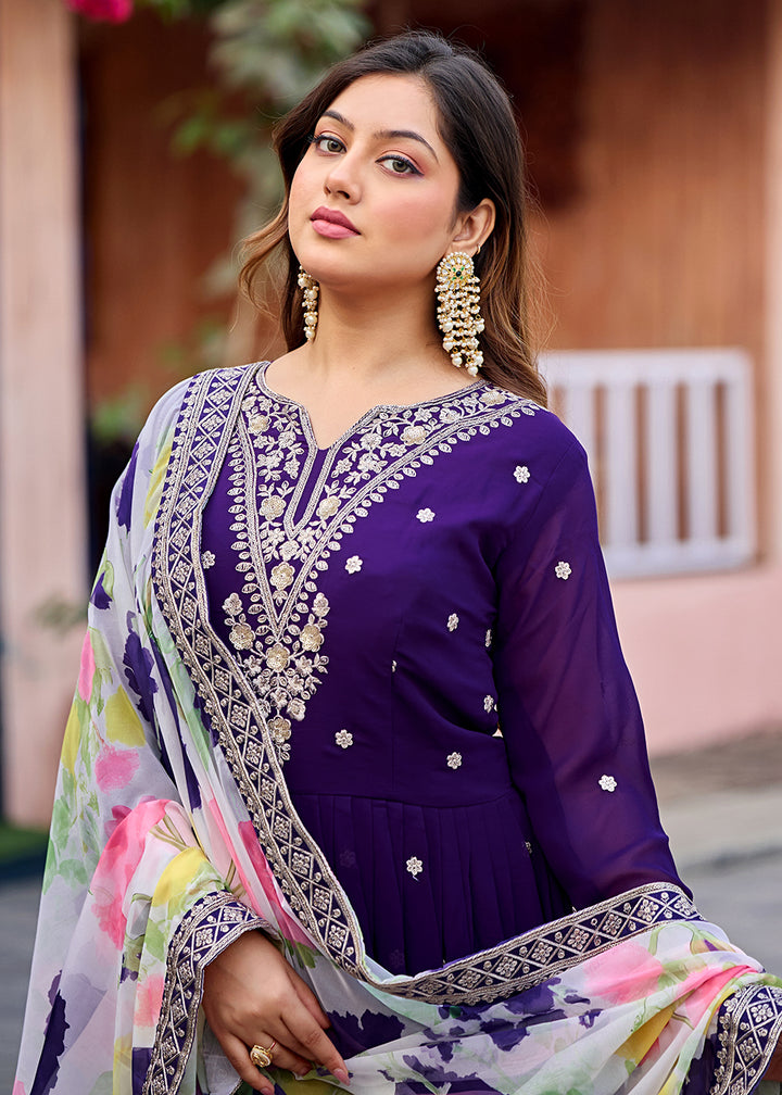 Buy Now Function Style Purple Faux Georgette Embroidered Anarkali Gown Online in US, UK, Canada, France, Italy, Sweden, Ireland, Denmark & Worldwide at Empress.