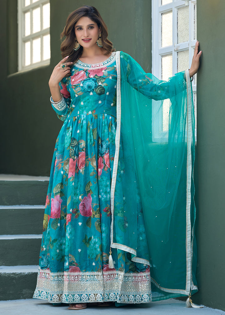 Buy Now Aqua Blue Tabby Silk Sequins Anarkali Gown Online in US, UK, Canada, France, Italy, Sweden, Ireland, UAE, Denmark, Greece, UAE & Worldwide at Empress.