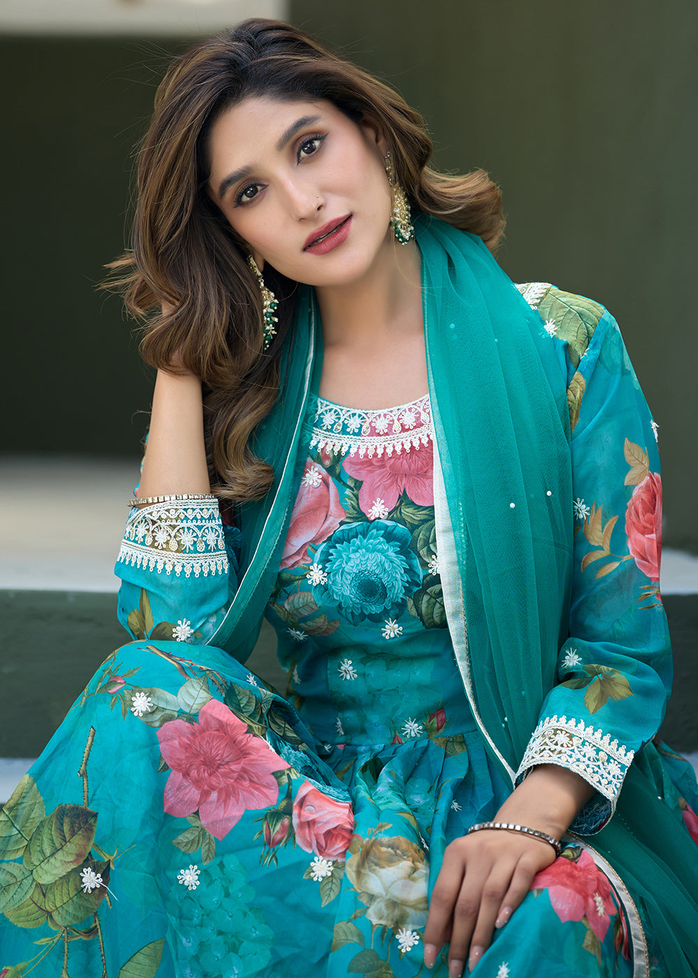 Buy Now Aqua Blue Tabby Silk Sequins Anarkali Gown Online in US, UK, Canada, France, Italy, Sweden, Ireland, UAE, Denmark, Greece, UAE & Worldwide at Empress.