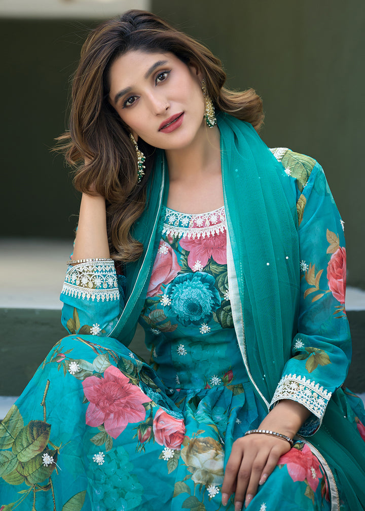 Buy Now Aqua Blue Tabby Silk Sequins Anarkali Gown Online in US, UK, Canada, France, Italy, Sweden, Ireland, UAE, Denmark, Greece, UAE & Worldwide at Empress.