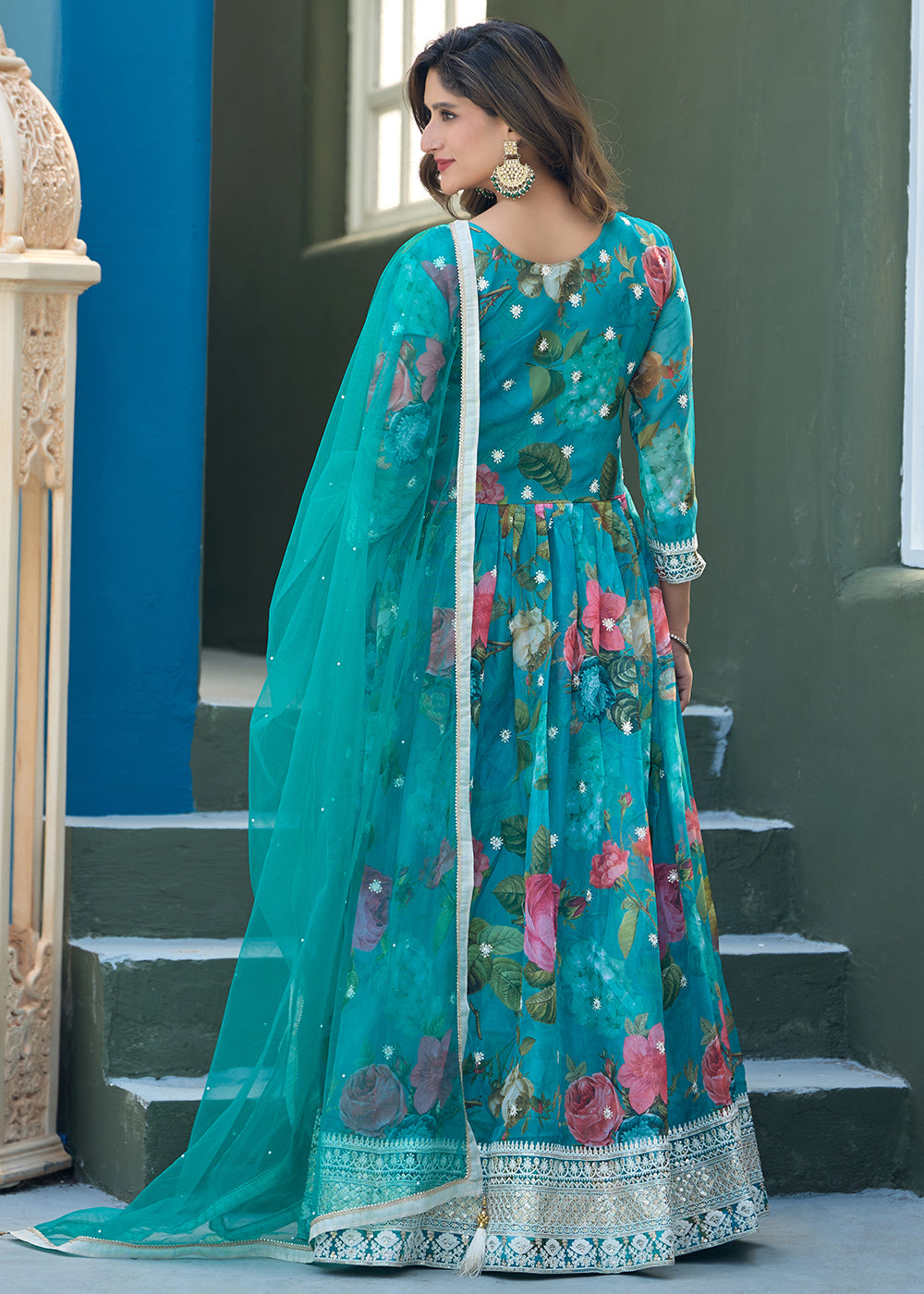 Buy Now Aqua Blue Tabby Silk Sequins Anarkali Gown Online in US, UK, Canada, France, Italy, Sweden, Ireland, UAE, Denmark, Greece, UAE & Worldwide at Empress.