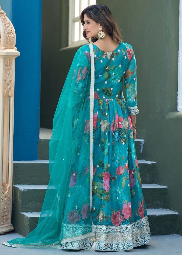 Buy Now Aqua Blue Tabby Silk Sequins Anarkali Gown Online in US, UK, Canada, France, Italy, Sweden, Ireland, UAE, Denmark, Greece, UAE & Worldwide at Empress.