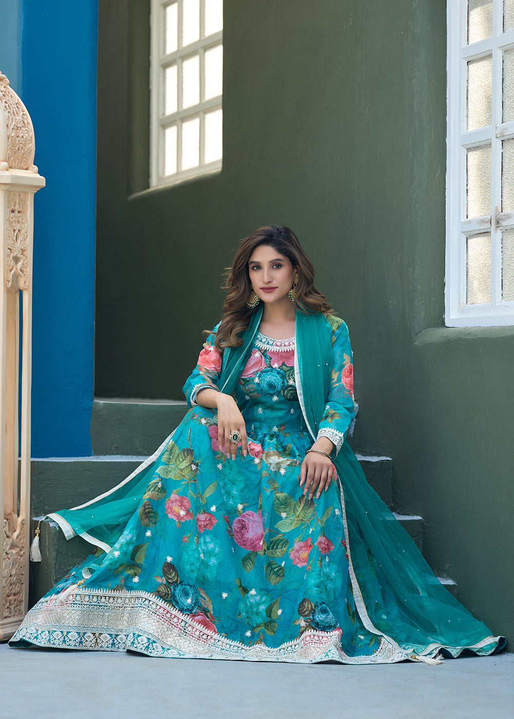 Buy Now Aqua Blue Tabby Silk Sequins Anarkali Gown Online in US, UK, Canada, France, Italy, Sweden, Ireland, UAE, Denmark, Greece, UAE & Worldwide at Empress.