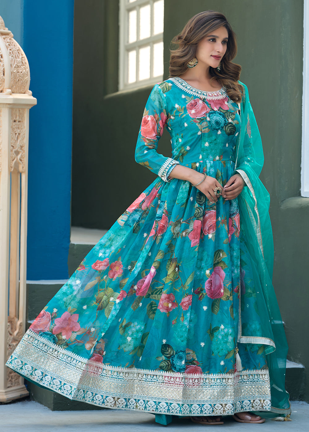 Buy Now Aqua Blue Tabby Silk Sequins Anarkali Gown Online in US, UK, Canada, France, Italy, Sweden, Ireland, UAE, Denmark, Greece, UAE & Worldwide at Empress.