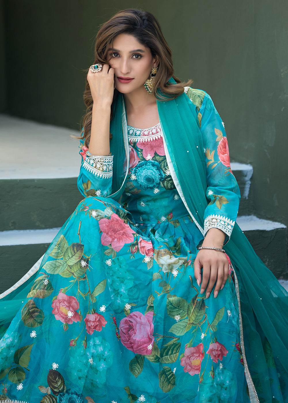 Buy Now Aqua Blue Tabby Silk Sequins Anarkali Gown Online in US, UK, Canada, France, Italy, Sweden, Ireland, UAE, Denmark, Greece, UAE & Worldwide at Empress.