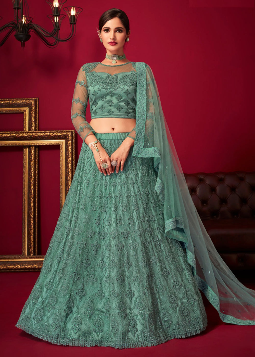Buy Now Bridal Sea Green Resham & Stone Embroidered Wedding Lehenga Choli Online in USA, UK, Canada & Worldwide at Empress Clothing. 