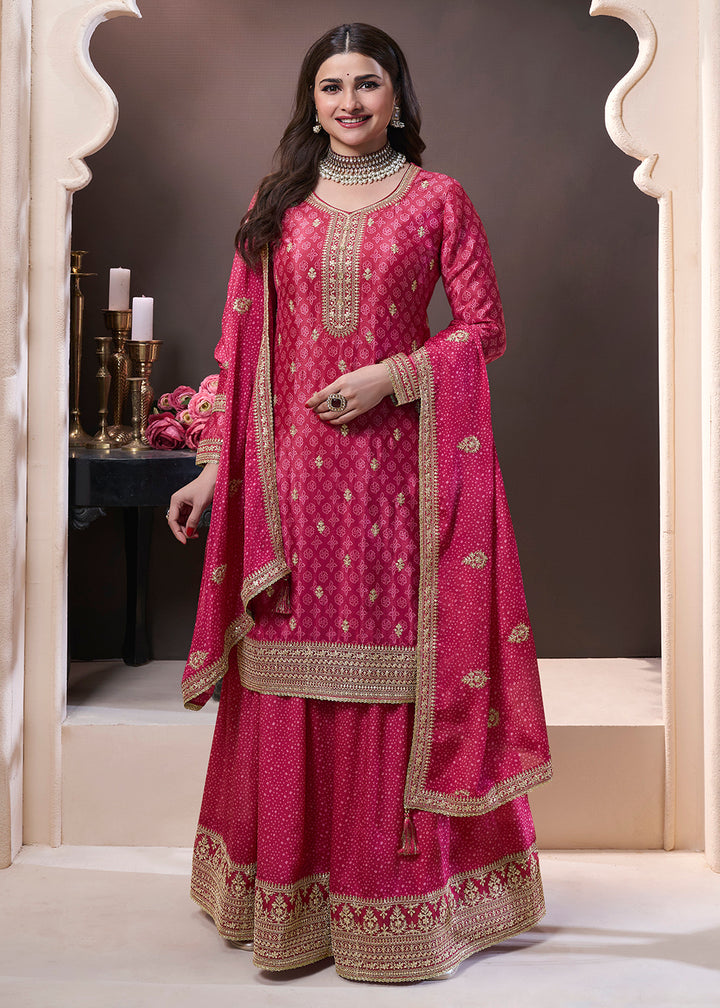 Buy Now Magenta Pink Bandhani Printed Palazzo Style Suit Online in USA, UK, Canada, Germany, Italy, France, Australia, UAE & Worldwide at Empress Clothing.