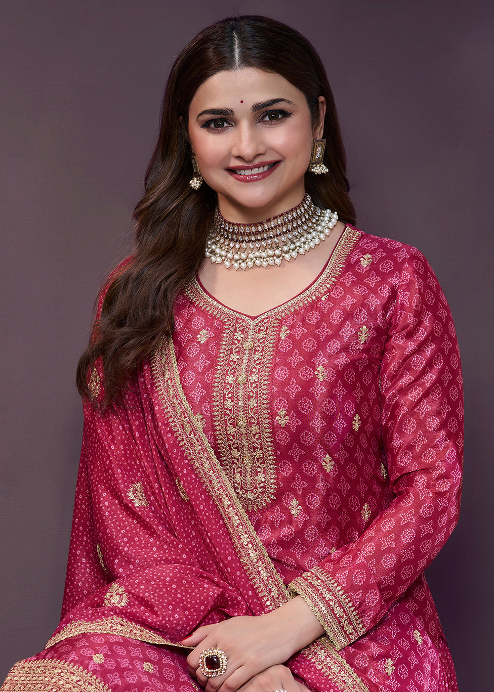 Buy Now Magenta Pink Bandhani Printed Palazzo Style Suit Online in USA, UK, Canada, Germany, Italy, France, Australia, UAE & Worldwide at Empress Clothing.