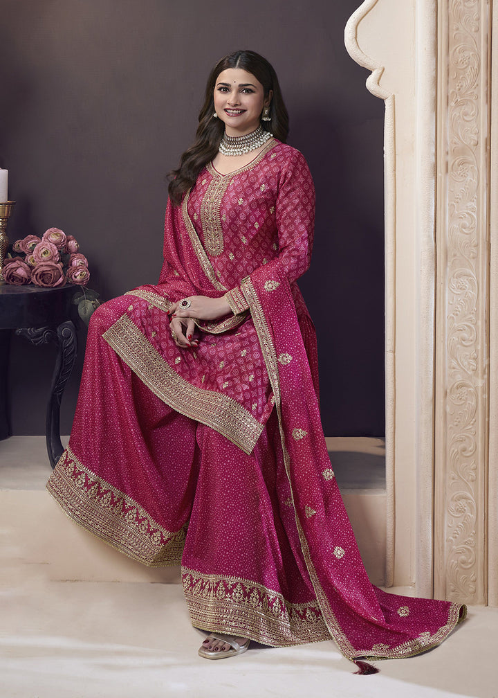 Buy Now Magenta Pink Bandhani Printed Palazzo Style Suit Online in USA, UK, Canada, Germany, Italy, France, Australia, UAE & Worldwide at Empress Clothing.