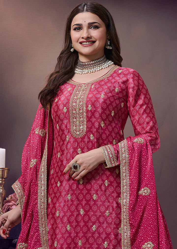 Buy Now Magenta Pink Bandhani Printed Palazzo Style Suit Online in USA, UK, Canada, Germany, Italy, France, Australia, UAE & Worldwide at Empress Clothing.