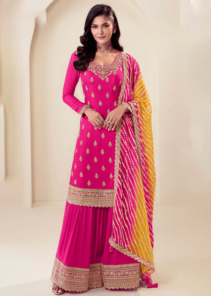 Shop Now Embroidered Chinnon Hot Pink Wedding Festive Sharara Suit Online in USA, UK, Canada, France, Germany, Italy & Worldwide at Empress Clothing.