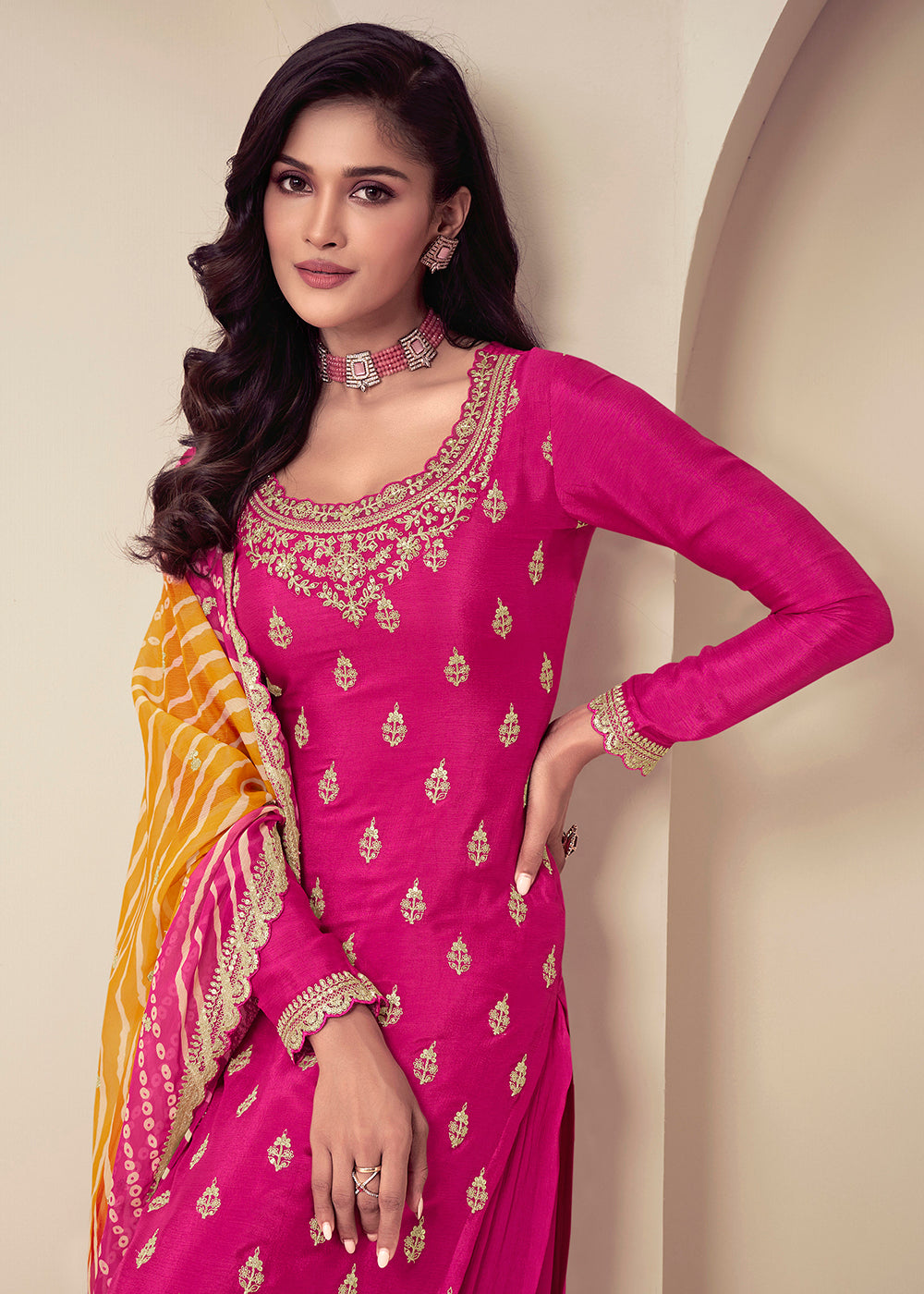 Embroidered Chinnon Hot Pink Wedding Festive Sharara Suit