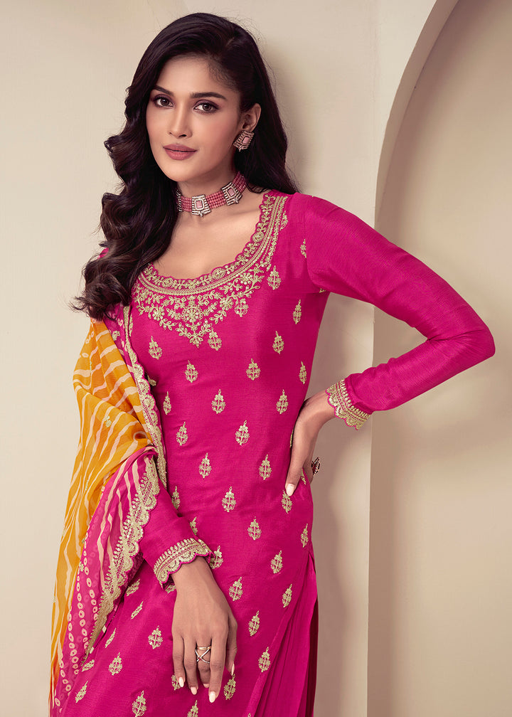 Embroidered Chinnon Hot Pink Wedding Festive Sharara Suit