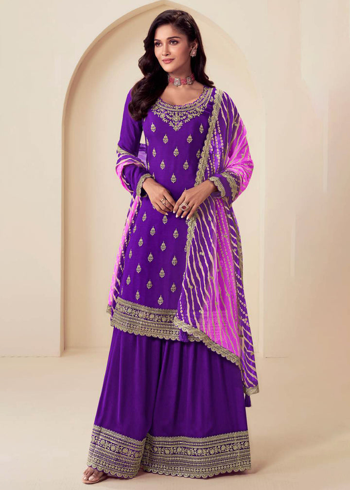 Shop Now Embroidered Chinnon Purple Wedding Festive Sharara Suit Online in USA, UK, Canada, France, Germany, Italy & Worldwide at Empress Clothing. 