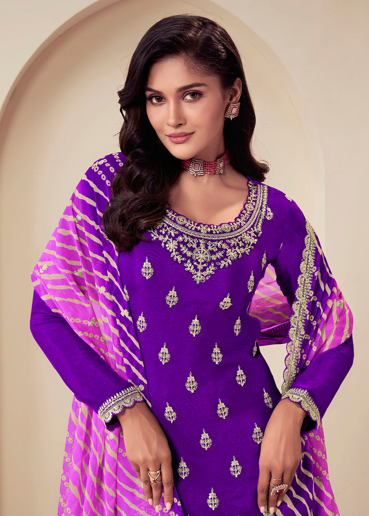 Shop Now Embroidered Chinnon Purple Wedding Festive Sharara Suit Online in USA, UK, Canada, France, Germany, Italy & Worldwide at Empress Clothing. 