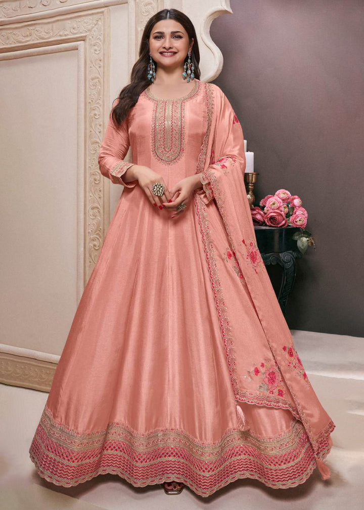 Buy Now Peach Moonga Silk Embroidered Eid Style Anarkali Suit Online in USA, UK, Australia, Italy, Germany, Canada, France, UAE & Worldwide at Empress Clothing.