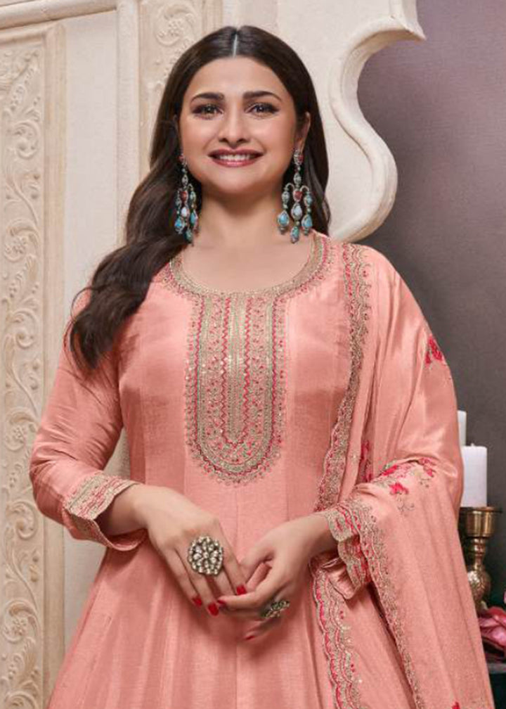 Buy Now Peach Moonga Silk Embroidered Eid Style Anarkali Suit Online in USA, UK, Australia, Italy, Germany, Canada, France, UAE & Worldwide at Empress Clothing.