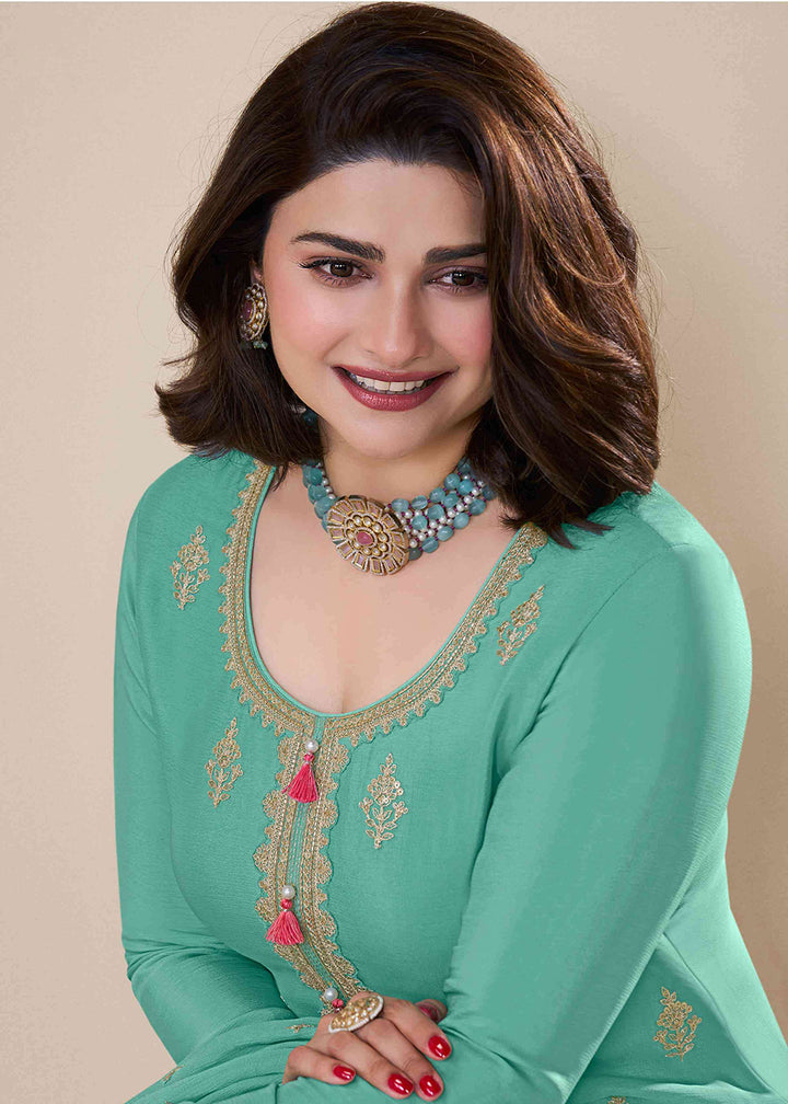 Buy Now Turquoise Festive Style Embroidered Chinnon Palazzo Suit Online in USA, UK, Canada, Germany, Italy, France, Australia & Worldwide at Empress Clothing.