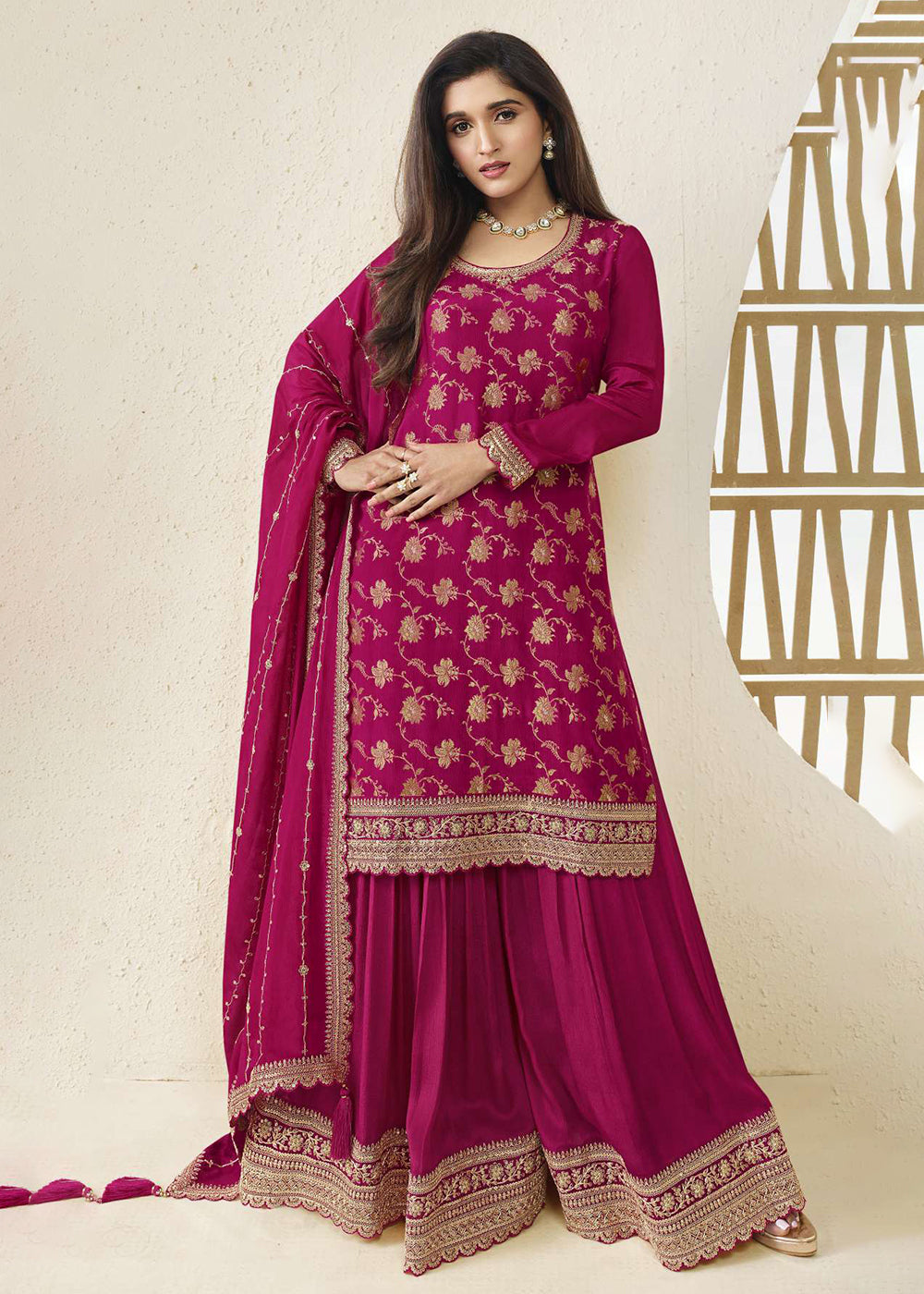 Buy Now Chinnon Jacquard Rani Pink Zari Embroidered Palazzo Suit Online in USA, UK, Canada, Germany, Australia & Worldwide at Empress Clothing.