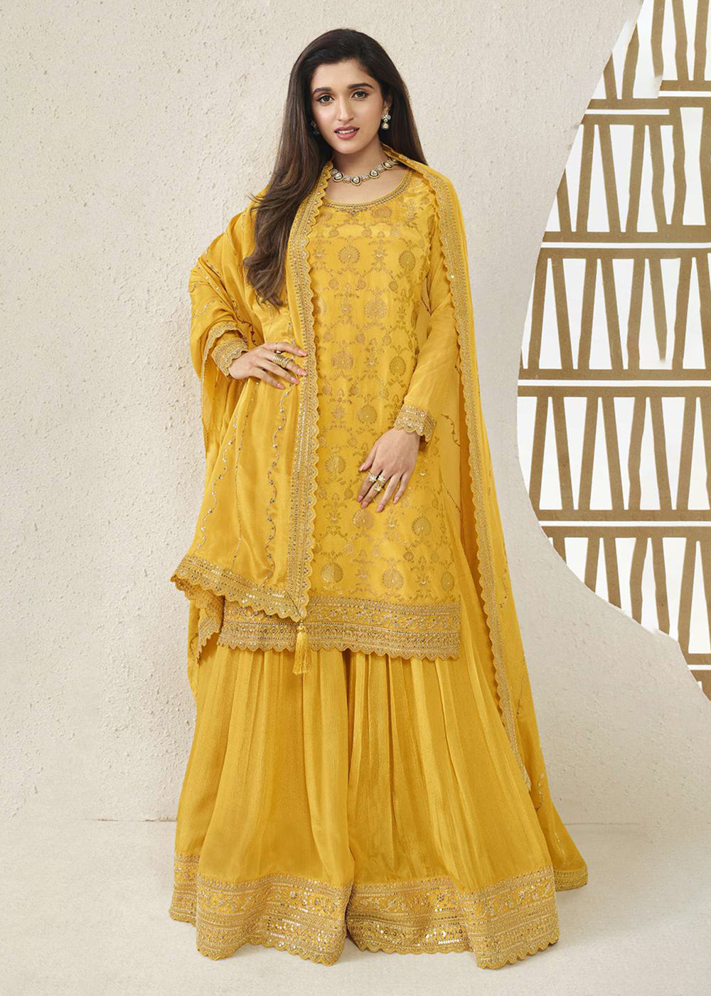Buy Now Chinnon Jacquard Yellow Zari Embroidered Palazzo Suit Online in USA, UK, Canada, Germany, Australia & Worldwide at Empress Clothing. 