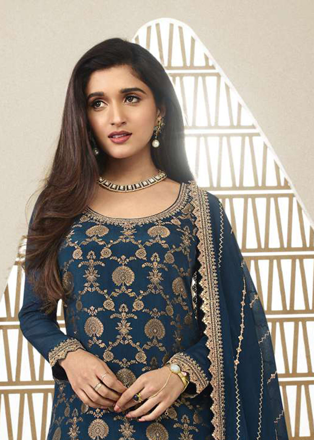 Buy Now Chinnon Jacquard Prussian Blue Zari Embroidered Palazzo Suit Online in USA, UK, Canada, Germany, Australia & Worldwide at Empress Clothing. 