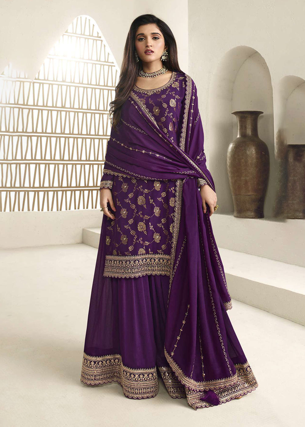 Buy Now Chinnon Jacquard Purple Zari Embroidered Palazzo Suit Online in USA, UK, Canada, Germany, Australia & Worldwide at Empress Clothing.